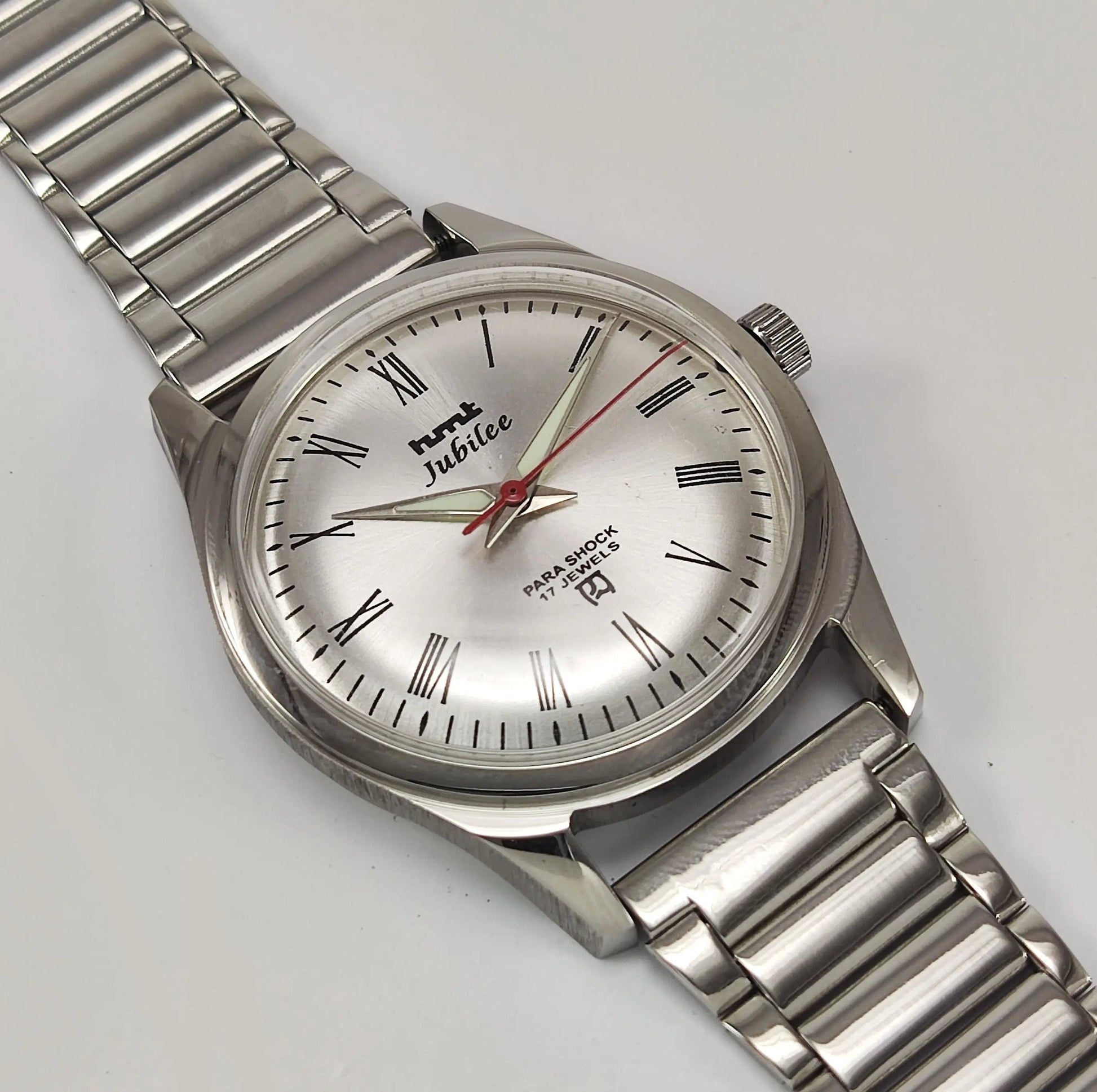 HMT Jubilee Para Shock 17 Jewels Silver Dial Transparent Back Mechanical Hand winding Men's Wrist Watch Discover-Diamonds