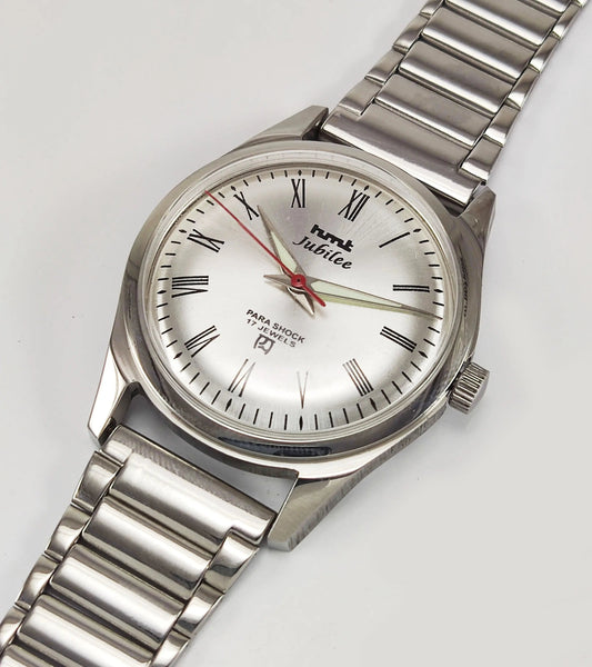 HMT Jubilee Para Shock 17 Jewels Silver Dial Transparent Back Mechanical Hand winding Men's Wrist Watch Discover-Diamonds