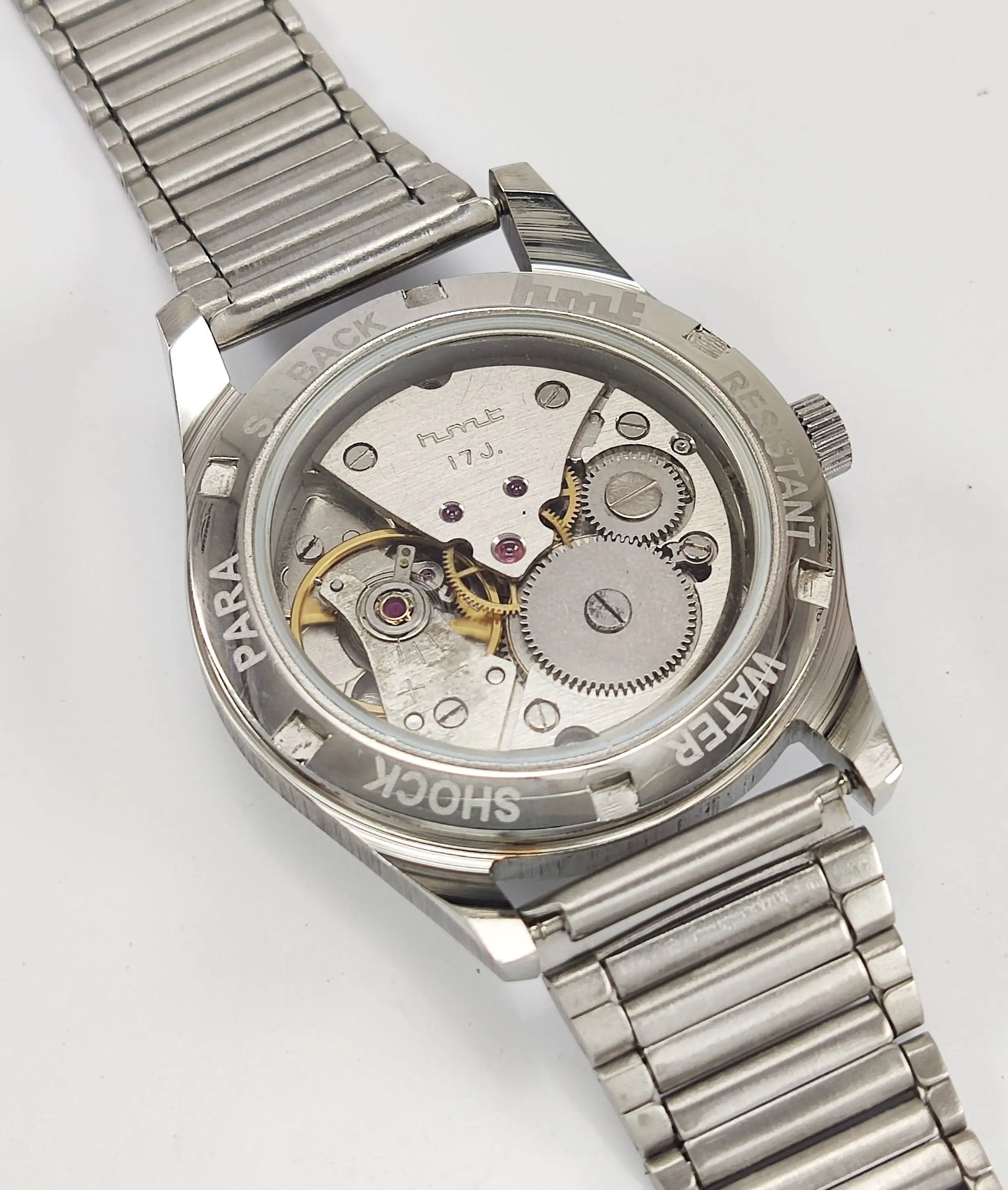 HMT Jubilee Para Shock 17 Jewels Silver Dial Transparent Back Mechanical Hand winding Men's Wrist Watch Discover-Diamonds
