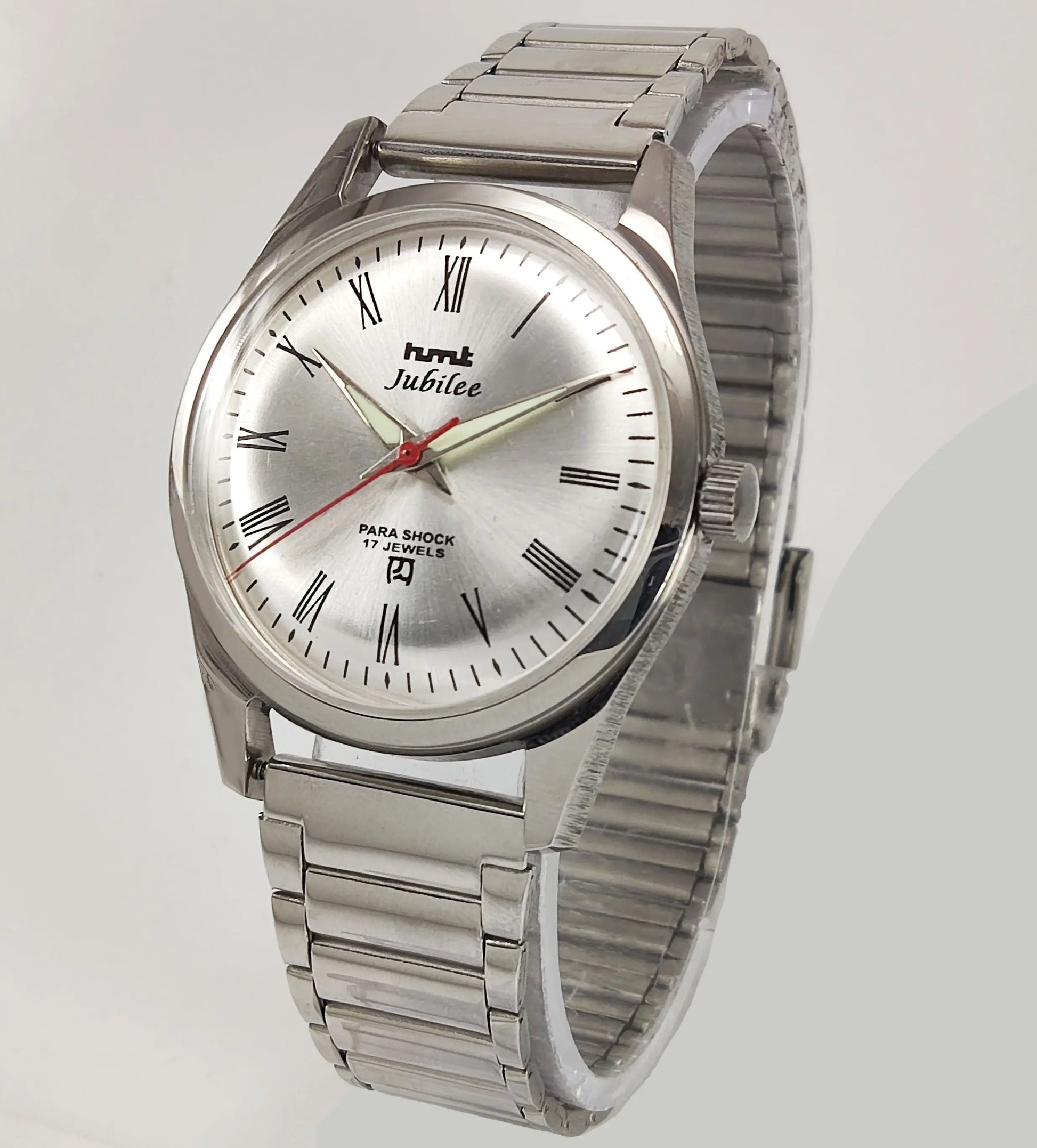 HMT Jubilee Para Shock 17 Jewels Silver Dial Transparent Back Mechanical Hand winding Men's Wrist Watch Discover-Diamonds