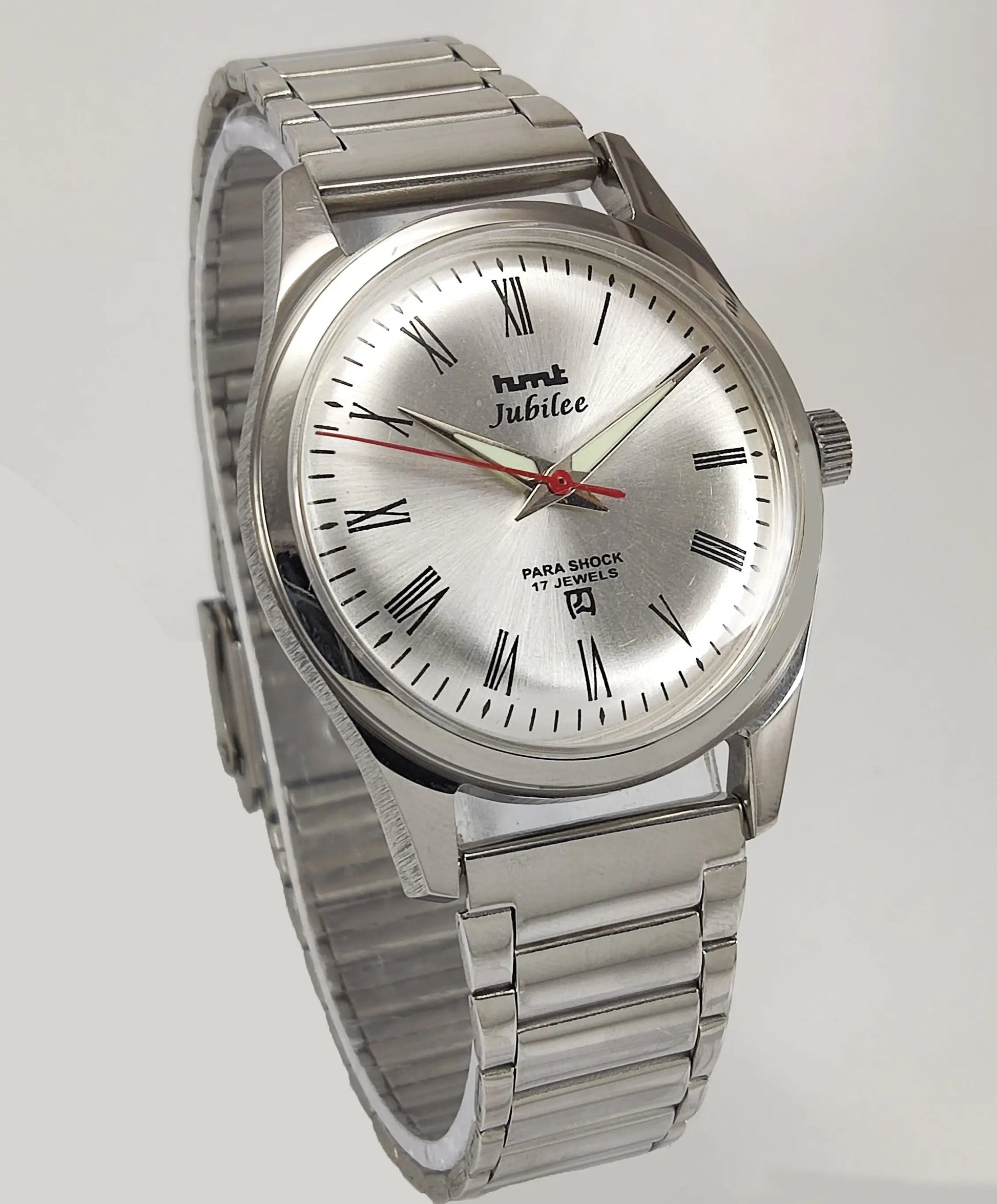 HMT Jubilee Para Shock 17 Jewels Silver Dial Transparent Back Mechanical Hand winding Men's Wrist Watch Discover-Diamonds